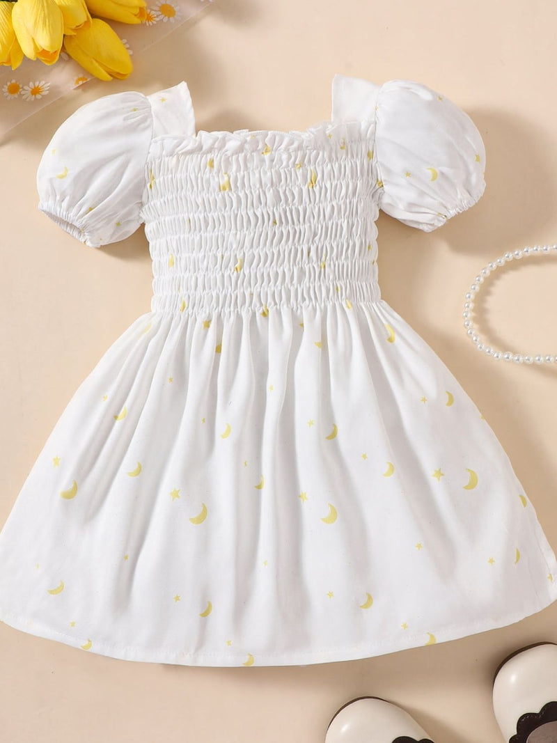 Baby Girl Printed Square Neck Smocked Dress