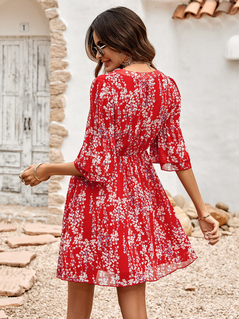 Floral Notched Neck Flounce Sleeve Dress