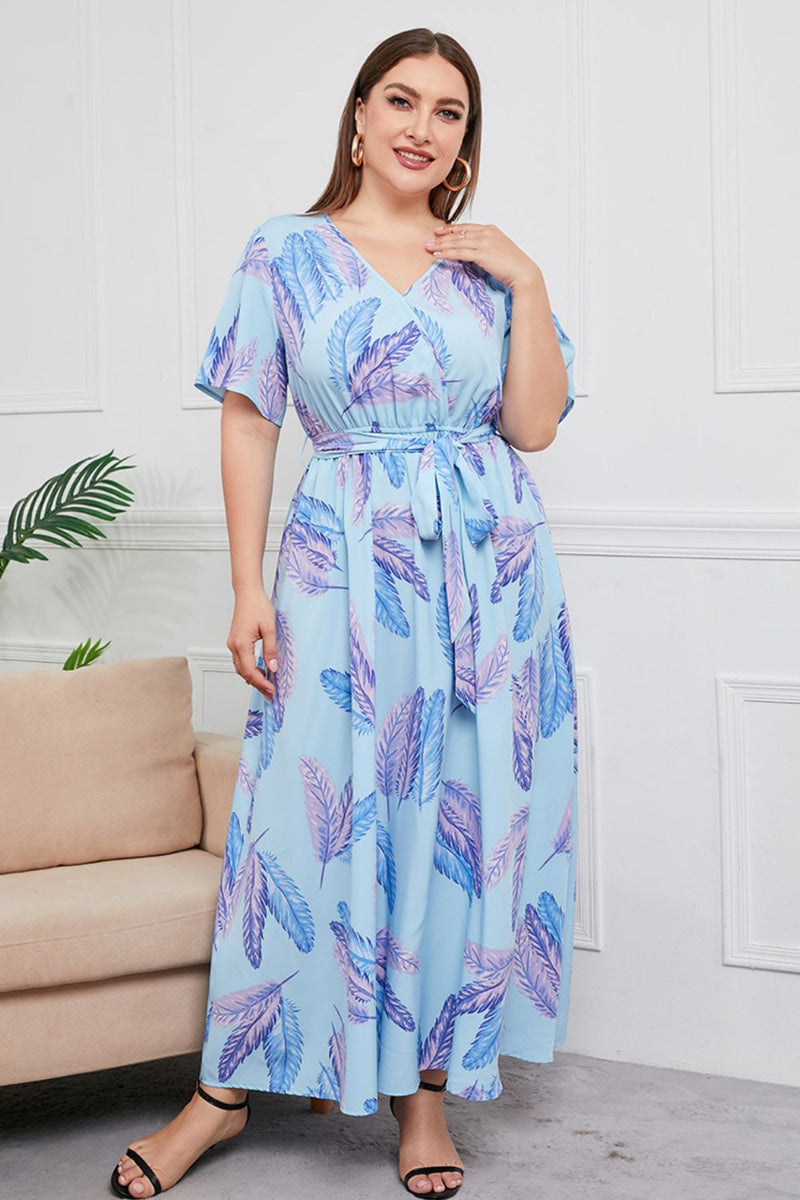 Plus Size Printed Surplice Short Sleeve Maxi Dress