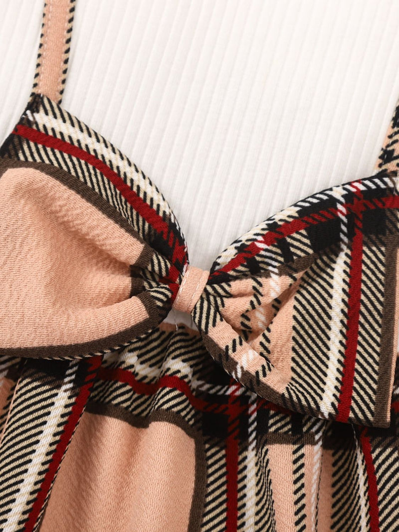 Girls Plaid Bow Detail Ribbed Dress