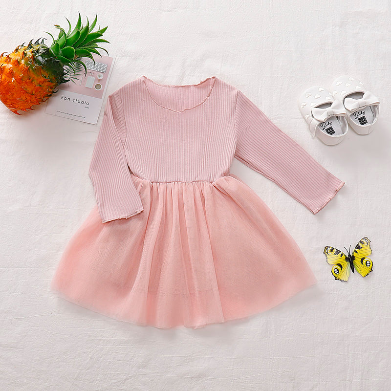 Girls Round Neck Ribbed Tulle Dress