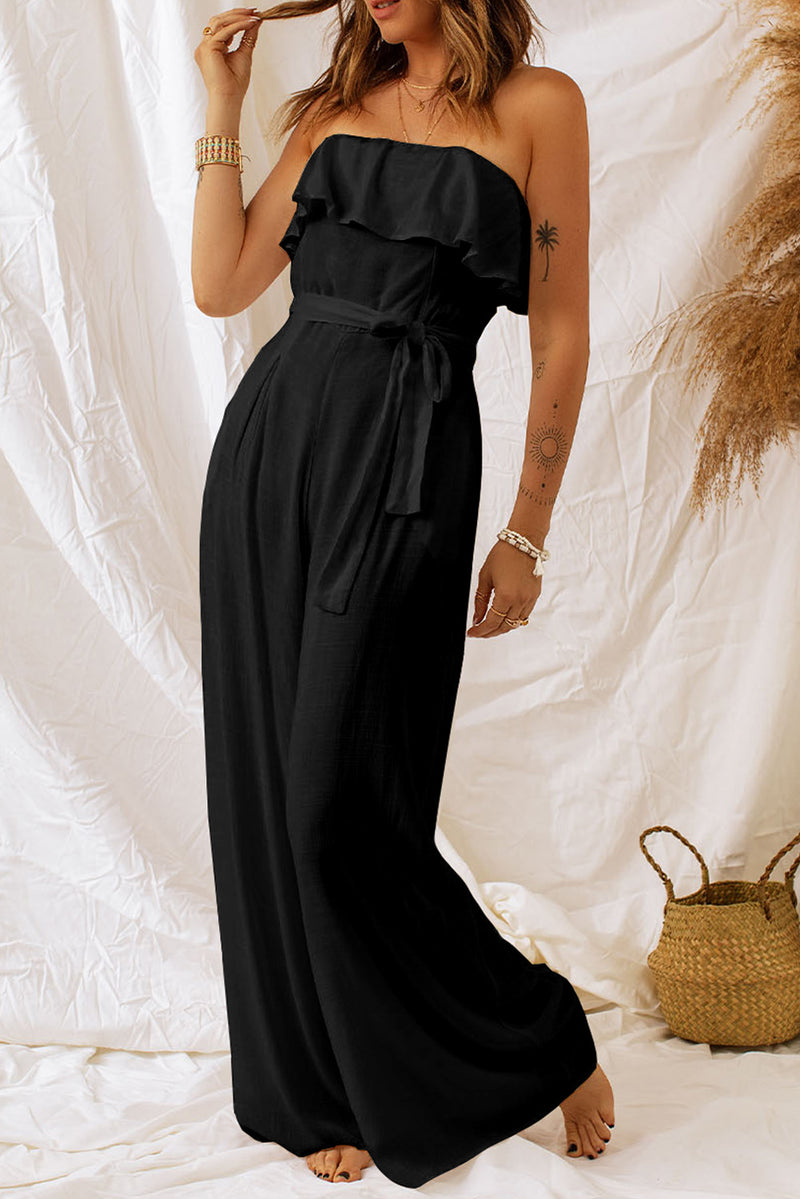 Tie-Waist Ruffled Strapless Wide Leg Jumpsuit