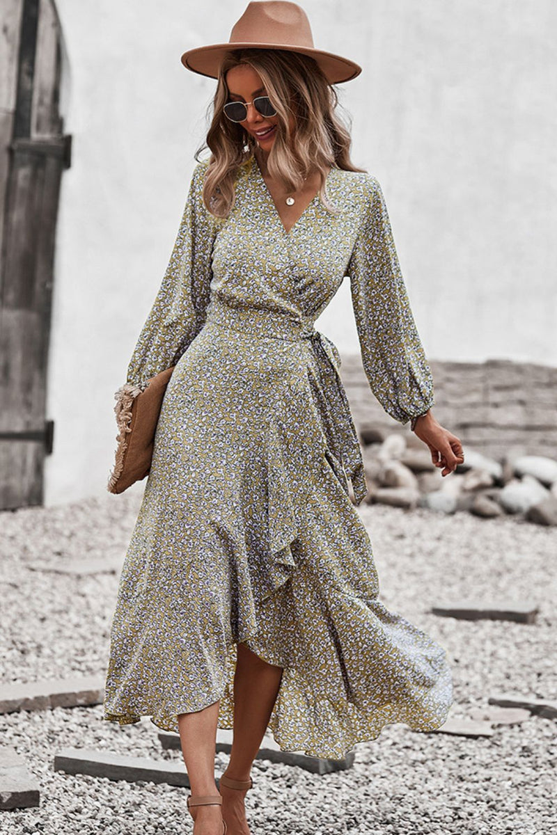 Floral Surplice Neck Long Sleeve Dress