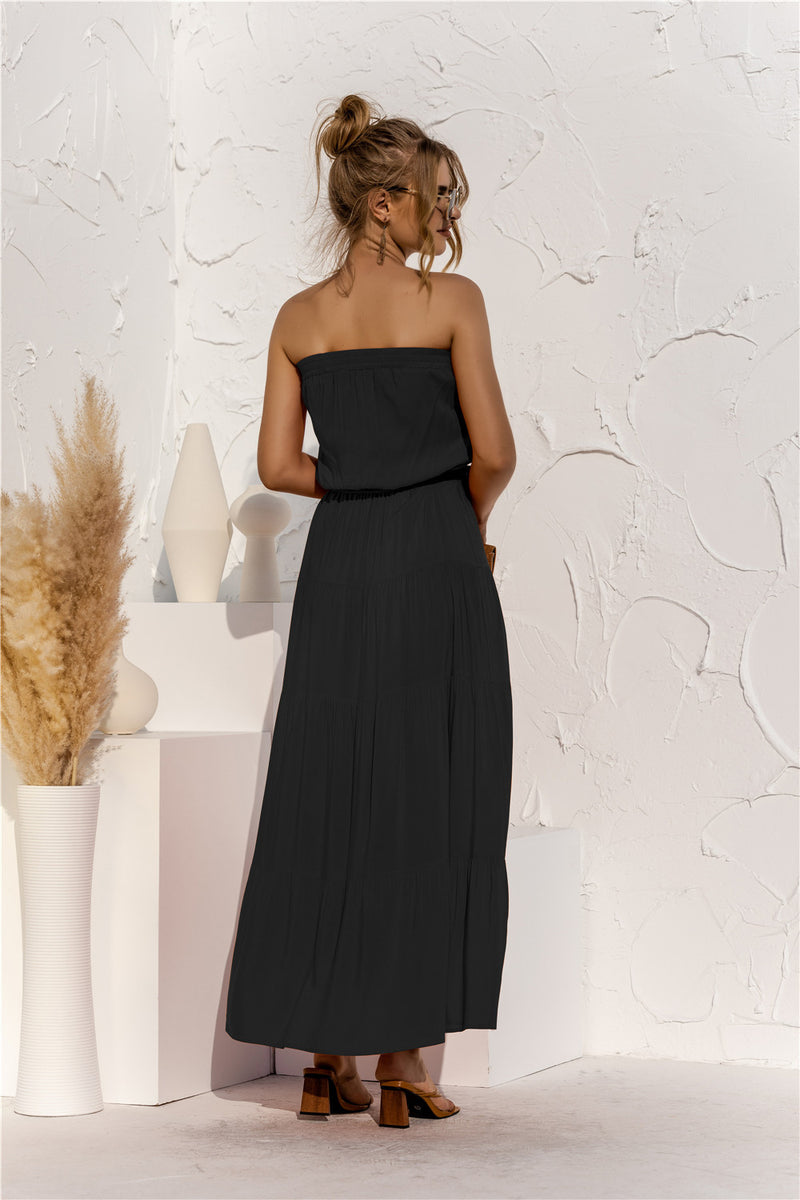 Strapless Tie Waist Tiered Maxi Dress