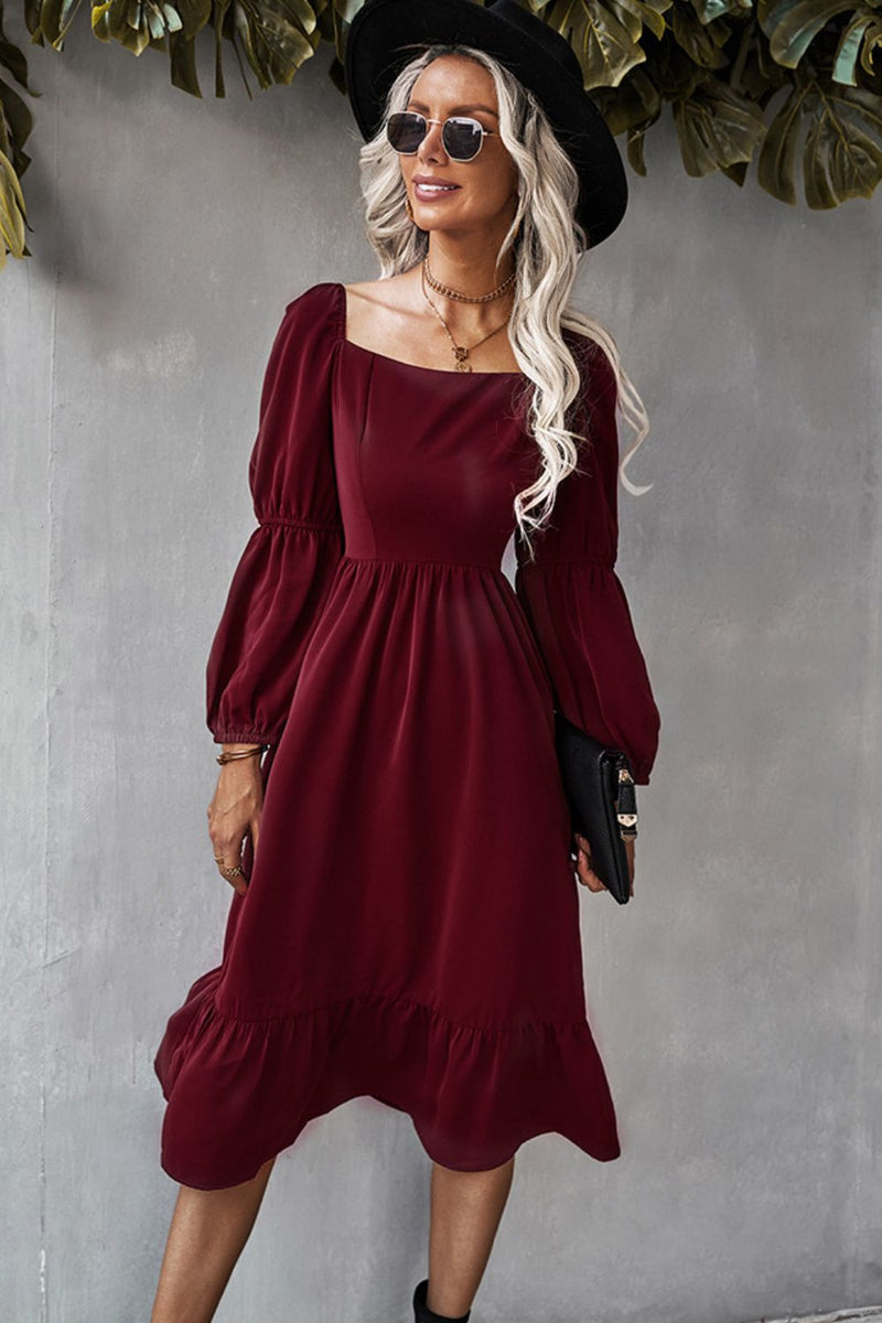 Square Neck Ruffle Hem Long Bubble Sleeve Midi Dress