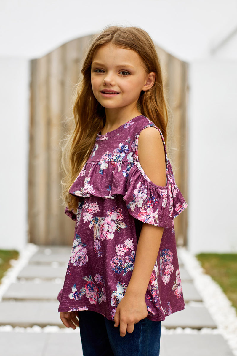 Girls Floral Cold-Shoulder Ruffled Top