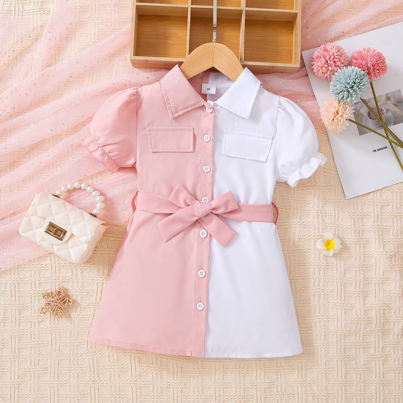 Girls Two-Tone Belted Shirt Dress