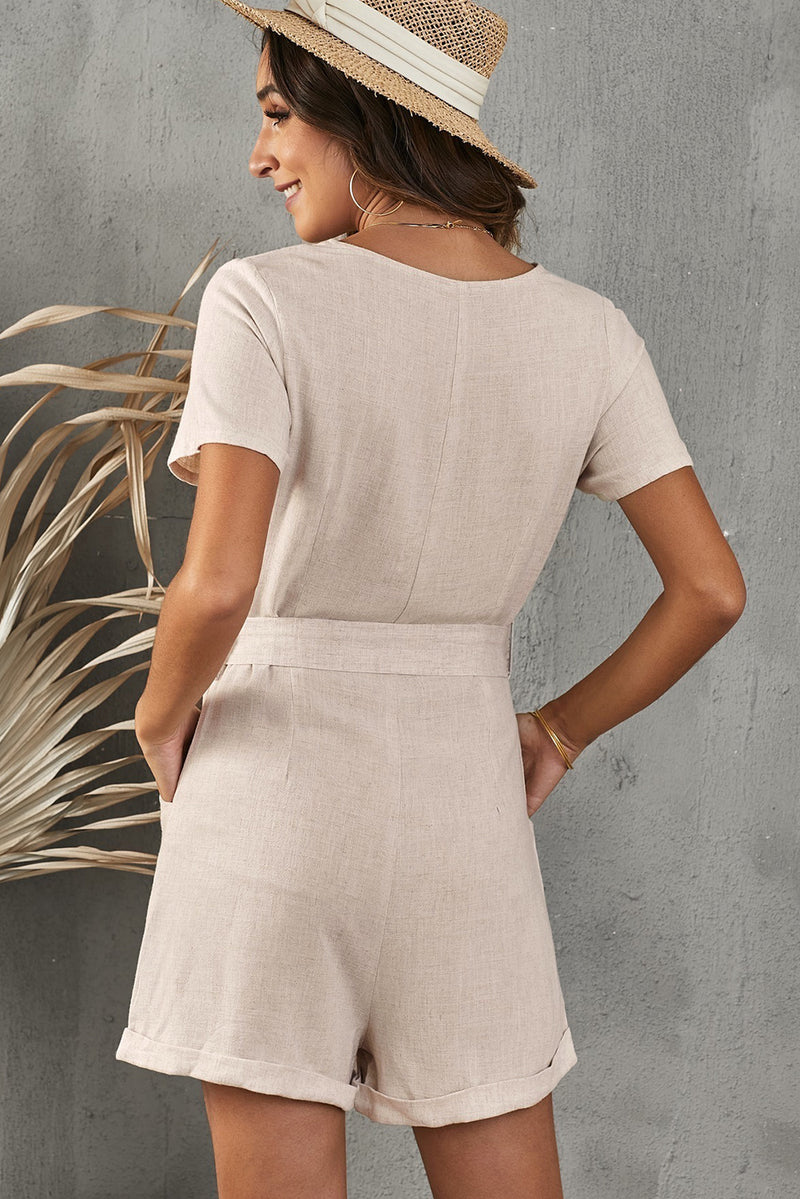 V-Neck Short Sleeve Tie Belt Romper with Pockets