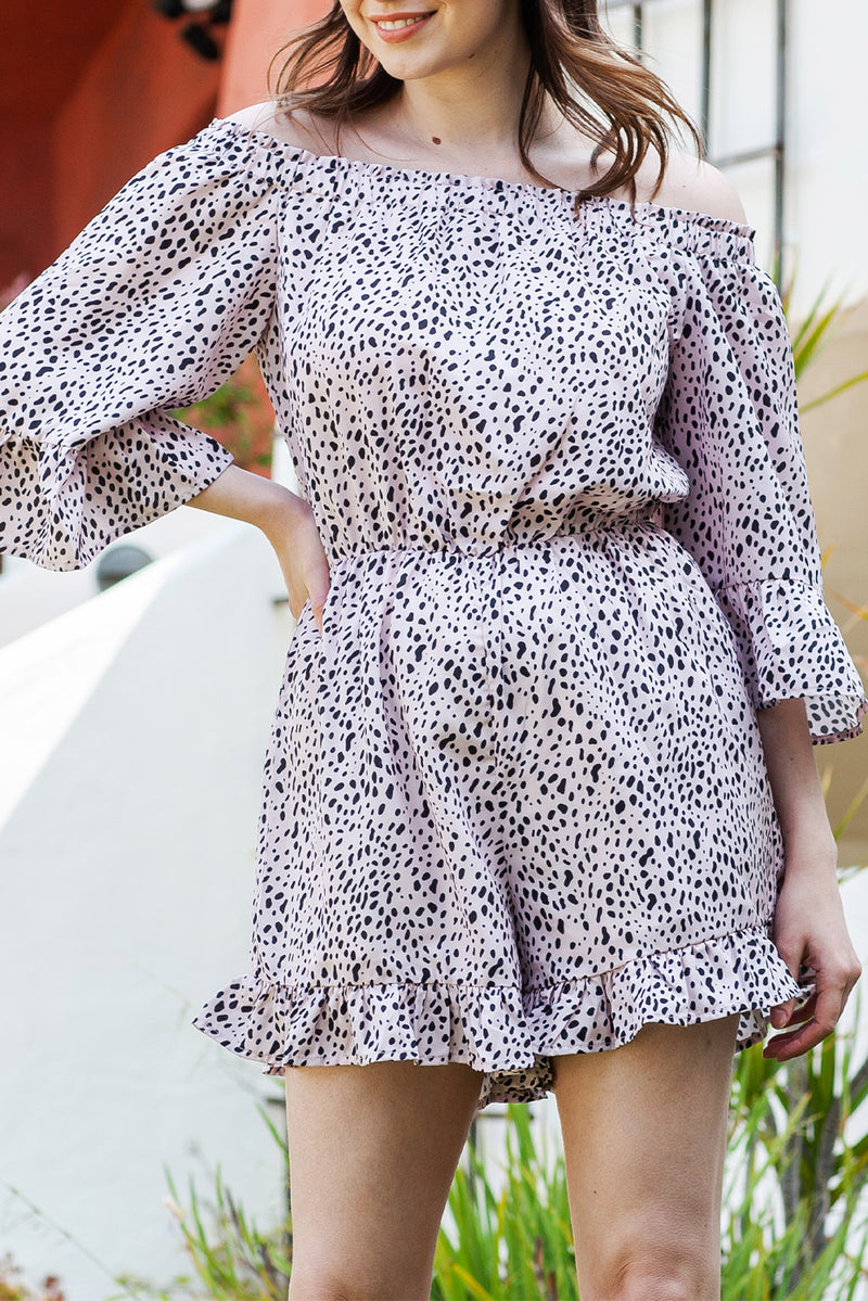 Printed Off-Shoulder Ruffled Romper