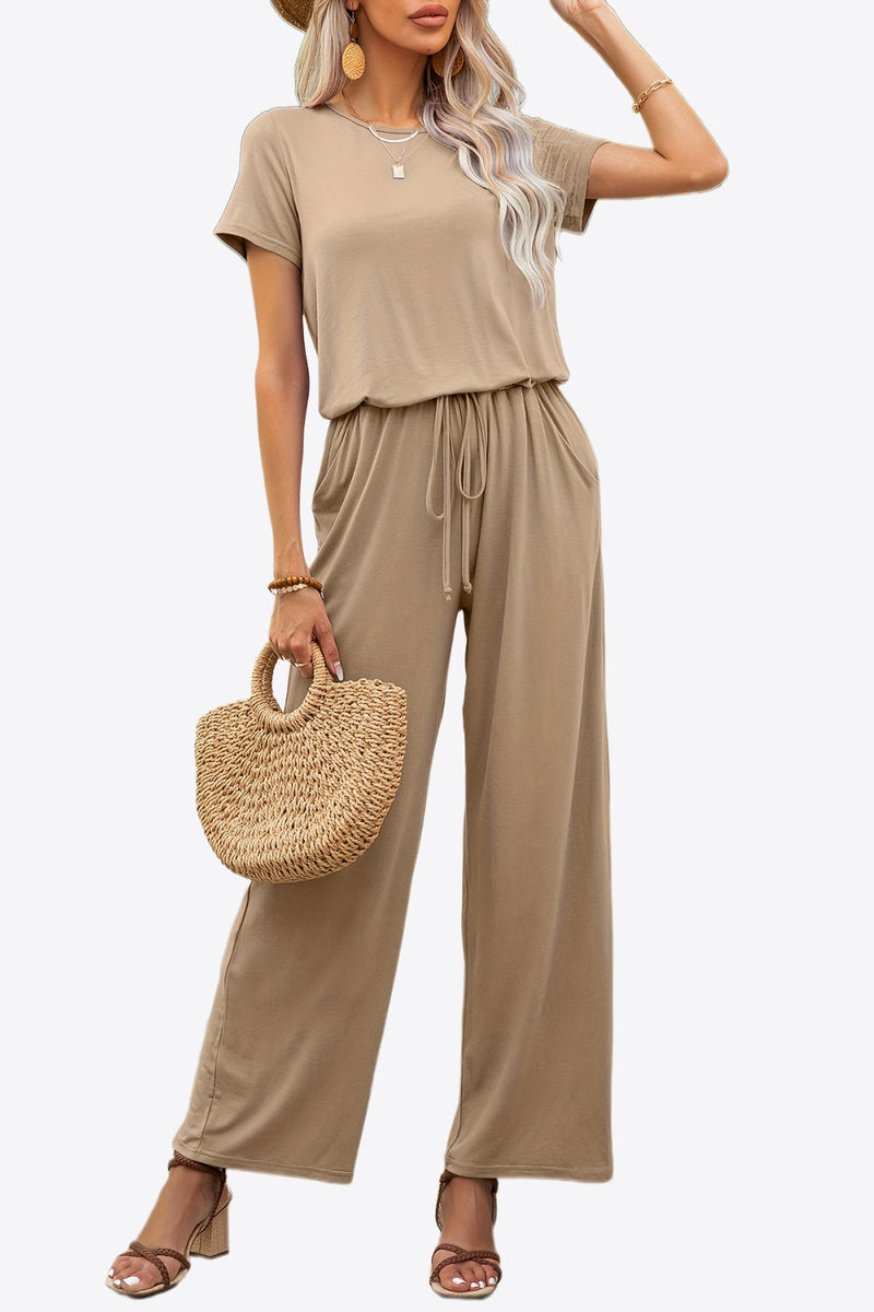 Round Neck Short Sleeve Jumpsuit with Pockets