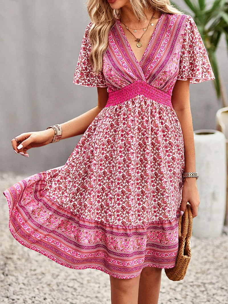 Floral Print Bohemian Style V-Neck Flutter Sleeve Dress