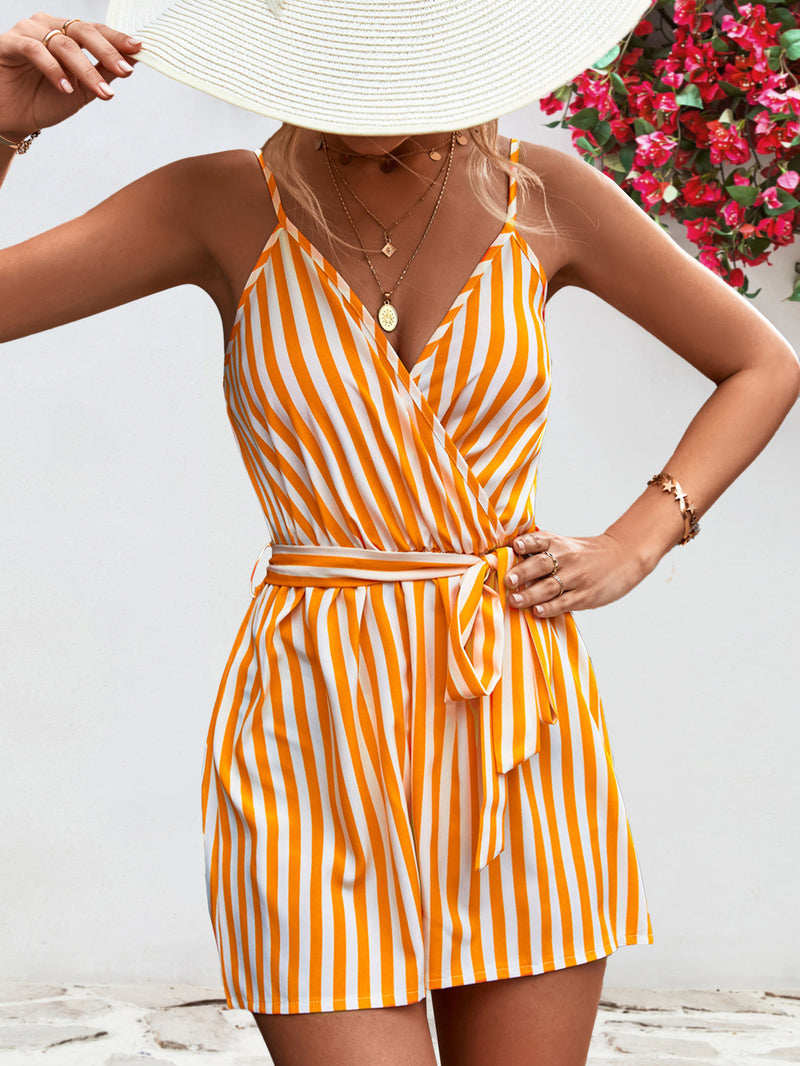 Striped Tie Waist Spaghetti Strap Romper