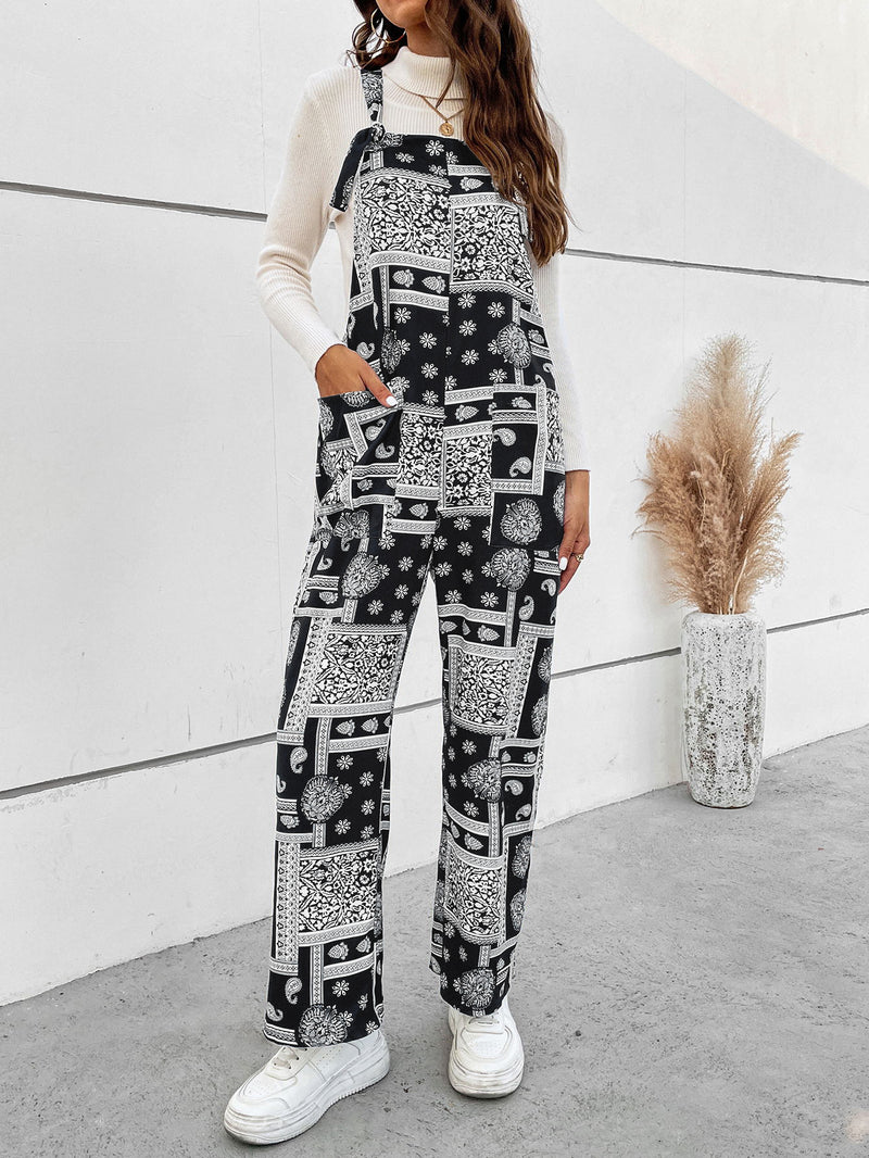 Printed Straight Leg Jumpsuit with Pockets