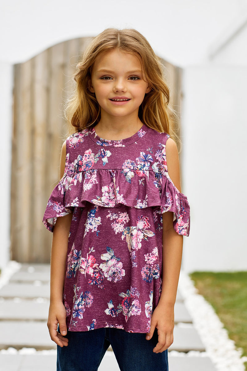 Girls Floral Cold-Shoulder Ruffled Top