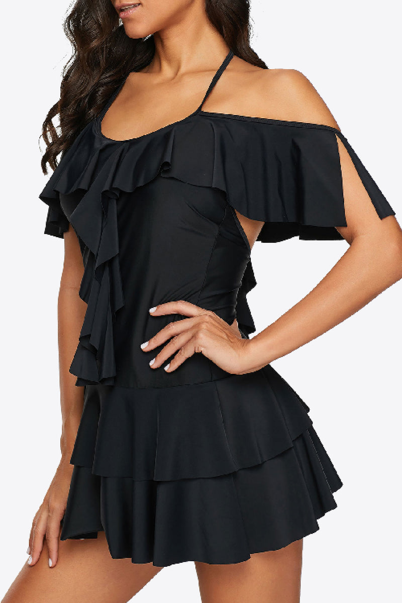 Ruffled Cold-Shoulder Two-Piece Swimsuit