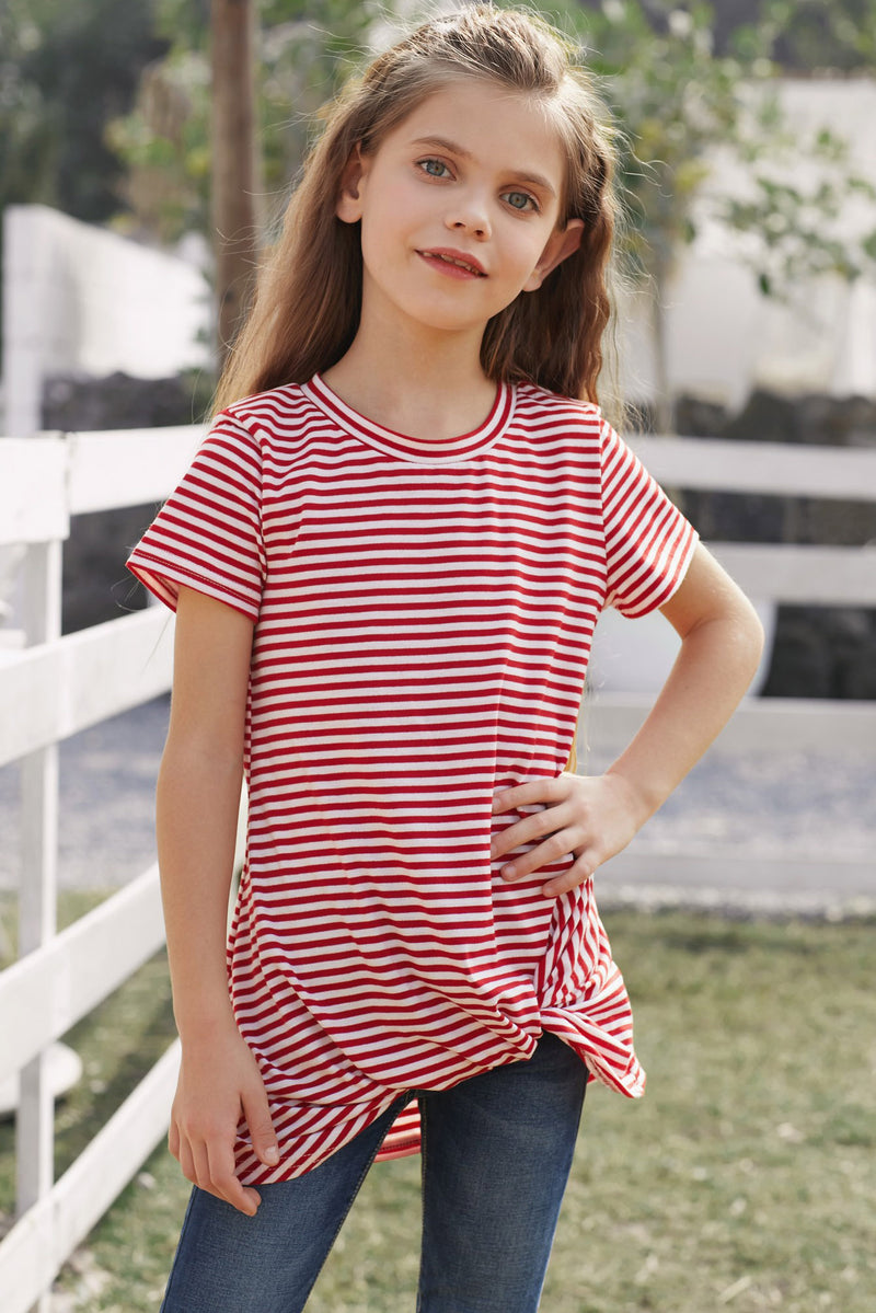 Girls Striped Round Neck Twisted Tee Shirt